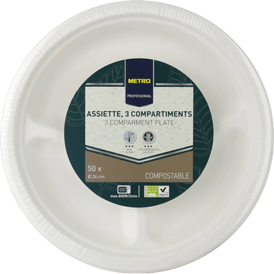 Assiette jetable rond 3 compartiments biodegradable blanc 26 cm x 51