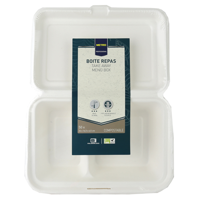 Boite menu 2 compartiments biodegradable blanc 24 x 16 5 x 6 5 cm x 50