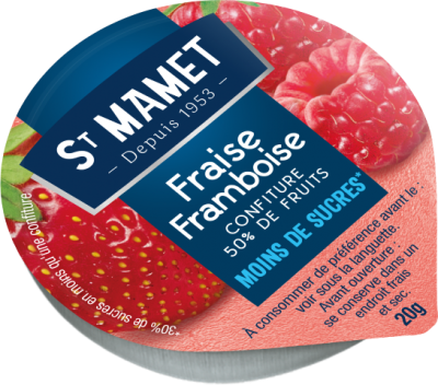 Confiture extra 50 de fruits coupelle alu allegee en sucres fraise framboise le carton de 120