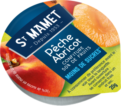 Confiture extra 50 de fruits coupelle alu allegee en sucres peche abricot